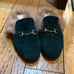 Emerald Suede Moccasins with Fur Trim